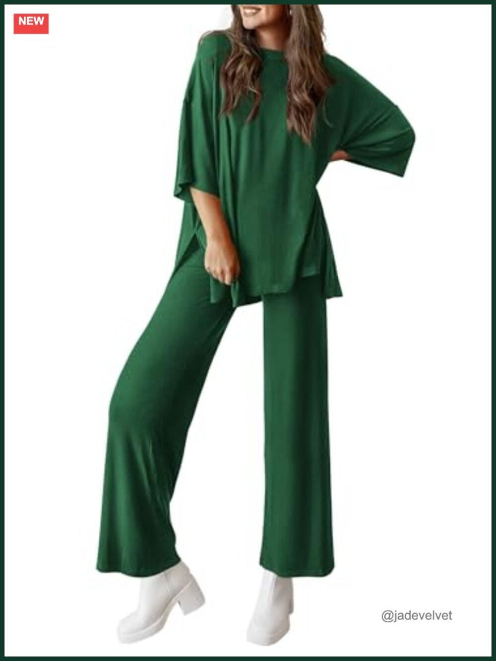 Two Piece Loungewear Set - Knit Wide Leg Pants & Short Sleeve Top Matching